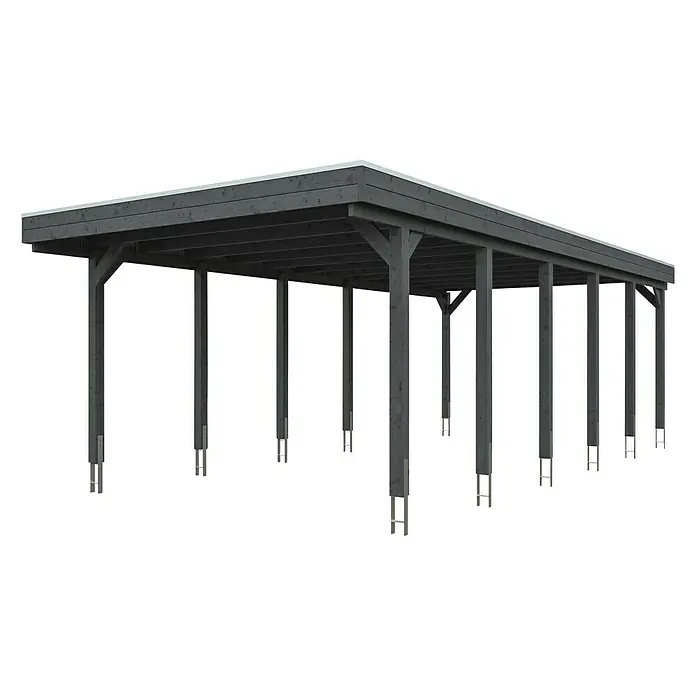 Skan Holz Carport Friesland - B x T: 397 x 860 cm, Einfahrtshöhe: 221 cm, Grau, Aluminium-Dachplatten - Diagonale Ansicht