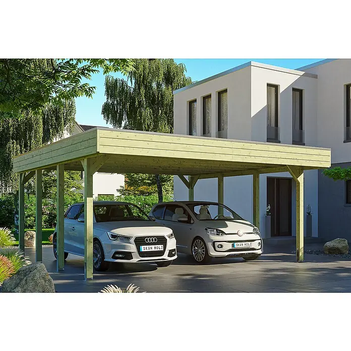 Skan Holz Doppelcarport Friesland - B x T: 557 x 555 cm, Einfahrtshöhe: 221 cm, Grün, Aluminium-Dachplatten - Anwendungsbeispiel