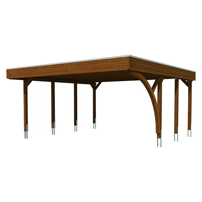 Skan Holz Doppelcarport Friesland - Einfahrtshöhe: 212 cm, Nussbaum, Mit 1 Einfahrtsbogen - Diagonale Ansicht