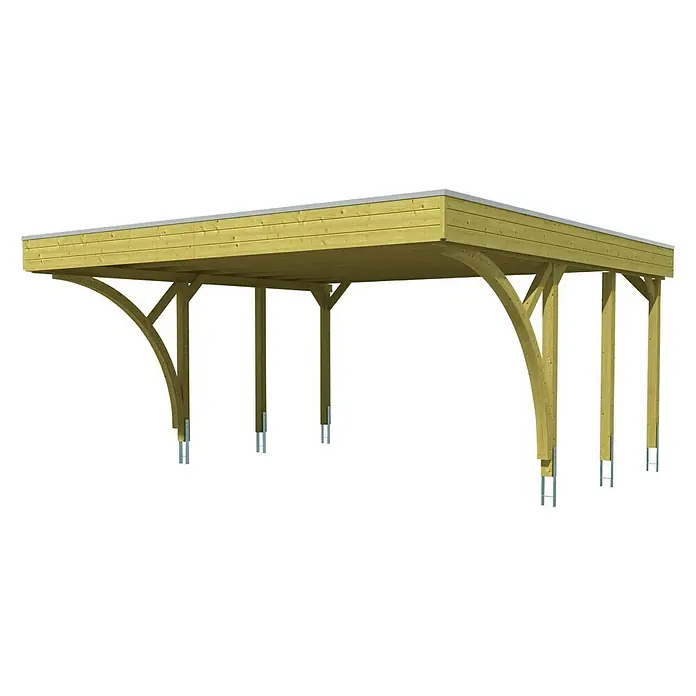 Skan Holz Doppelcarport Friesland - B x T: 557 x 555 cm, Einfahrtshöhe: 212 cm, Grün, Mit 2 Einfahrtsbögen - Diagonale Ansicht