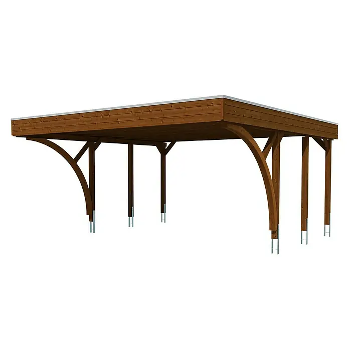 Skan Holz Doppelcarport Friesland - L x B: 555 x 557 cm, Einfahrtshöhe: 212 cm, Nussbaum, Mit 2 Einfahrtsbögen - Diagonale Ansicht