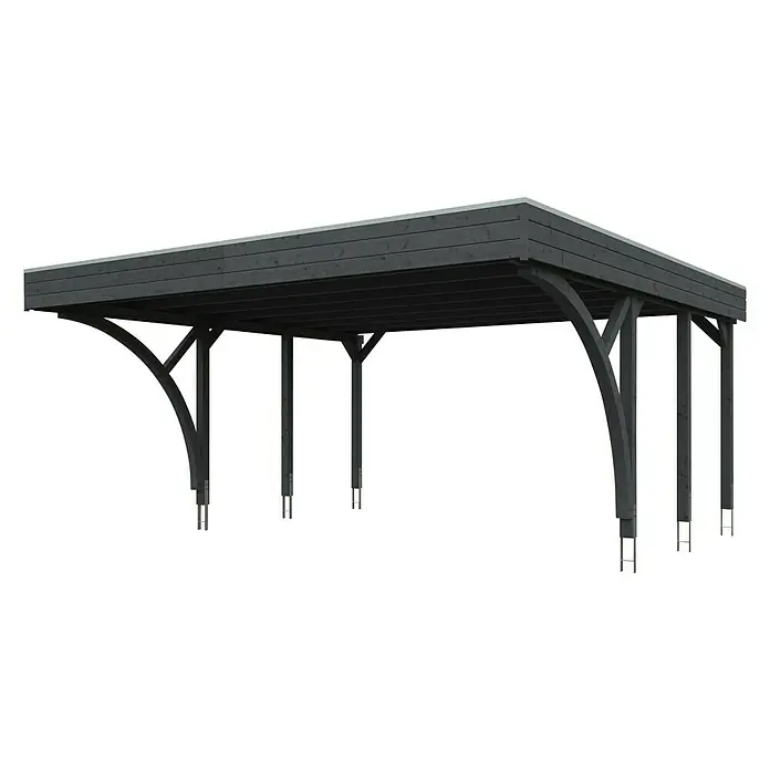 Skan Holz Doppelcarport Friesland - B x T: 557 x 555 cm, Einfahrtshöhe: 212 cm, Schiefergrau, Mit 2 Einfahrtsbögen - Diagonale Ansicht