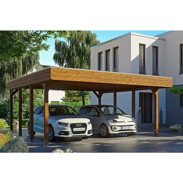 Skan Holz Doppelcarport Friesland - B x T: 557 x 555 cm, Einfahrtshöhe: 221 cm, Nussbaum, Aluminium-Dachplatten - Anwendungsbeispiel