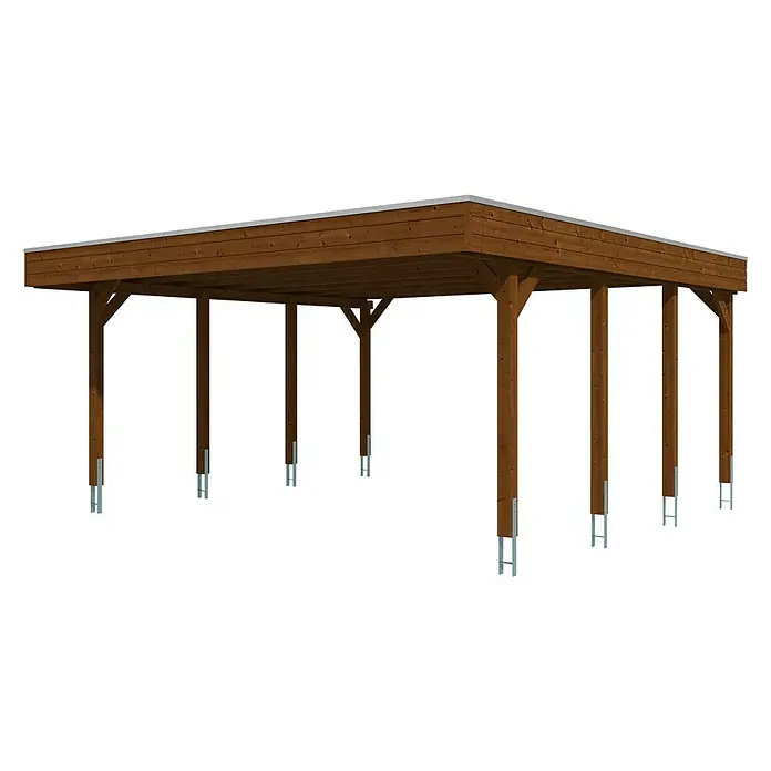 Skan Holz Doppelcarport Friesland - B x T: 557 x 555 cm, Einfahrtshöhe: 221 cm, Nussbaum, Aluminium-Dachplatten - Diagonale Ansicht