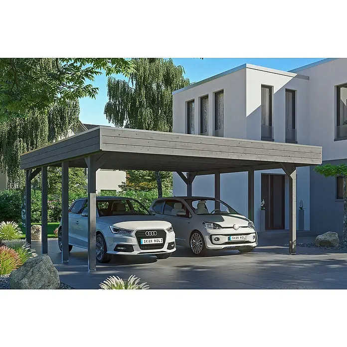 Skan Holz Doppelcarport Friesland - B x T: 557 x 555 cm, Einfahrtshöhe: 221 cm, Schiefergrau, Aluminium-Dachplatten - Anwendungsbeispiel
