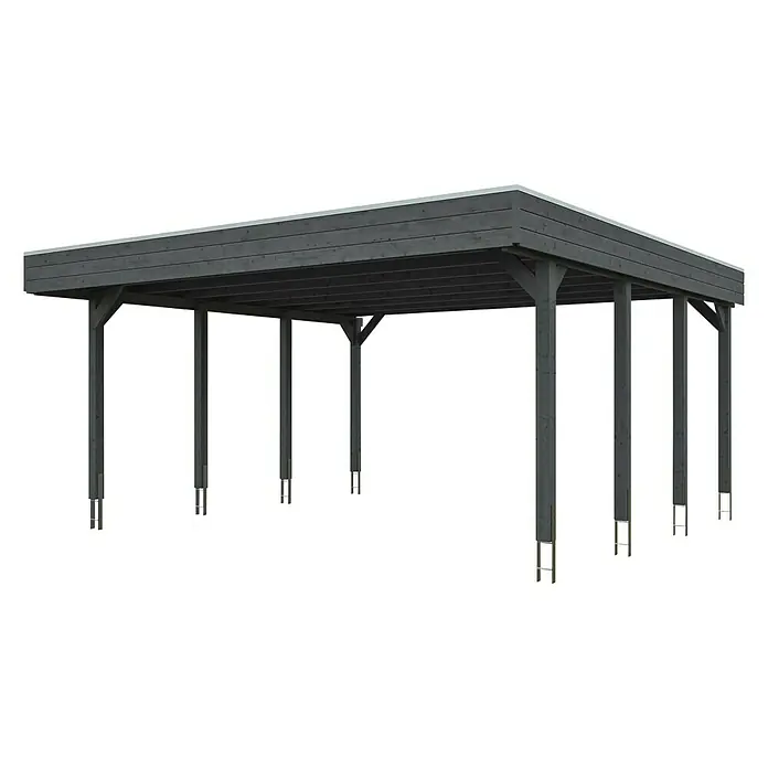 Skan Holz Doppelcarport Friesland - B x T: 557 x 555 cm, Einfahrtshöhe: 221 cm, Schiefergrau, Aluminium-Dachplatten - Diagonale Ansicht