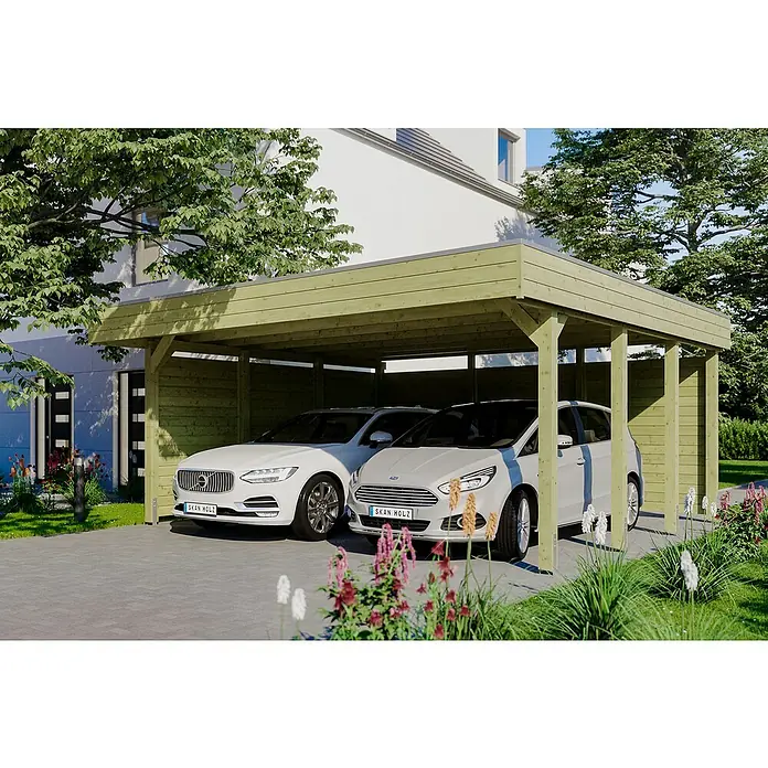 Skan Holz Doppelcarport Friesland - B x T: 557 x 555 cm, Einfahrtshöhe: 221 cm, Grün, Mit Seitenwänden & Rückwand - Anwendungsbeispiel