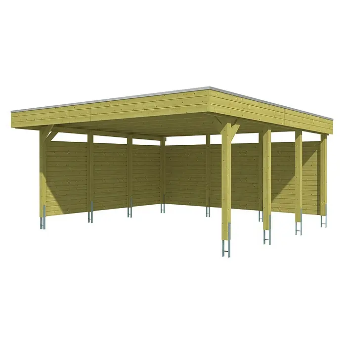 Skan Holz Doppelcarport Friesland - B x T: 557 x 555 cm, Einfahrtshöhe: 221 cm, Grün, Mit Seitenwänden & Rückwand - Diagonale Ansicht