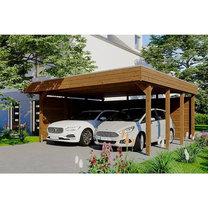 Skan Holz Doppelcarport Friesland - Einfahrtshöhe: 221 cm, Nussbaum, Mit Seitenwänden & Rückwand - Anwendungsbeispiel