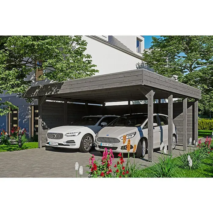 Skan Holz Doppelcarport Friesland - B x T: 557 x 555 cm, Einfahrtshöhe: 221 cm, Schiefergrau, Mit Seitenwänden & Rückwand - Anwendungsbeispiel