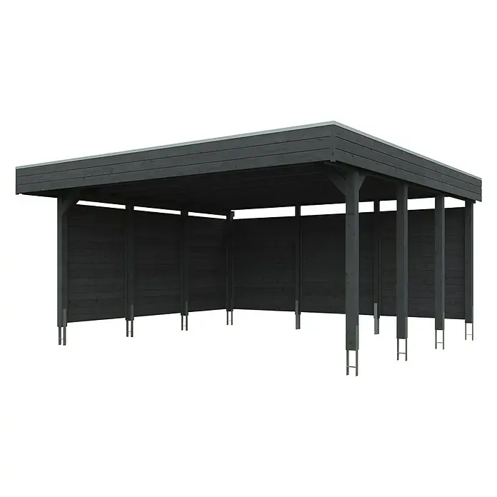 Skan Holz Doppelcarport Friesland - B x T: 557 x 555 cm, Einfahrtshöhe: 221 cm, Schiefergrau, Mit Seitenwänden & Rückwand - Diagonale Ansicht