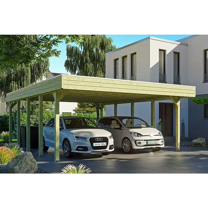 Skan Holz Doppelcarport Friesland - B x T: 557 x 708 cm, Einfahrtshöhe: 221 cm, Grün, Material Dach: Aluminium - Anwendungsbeispiel