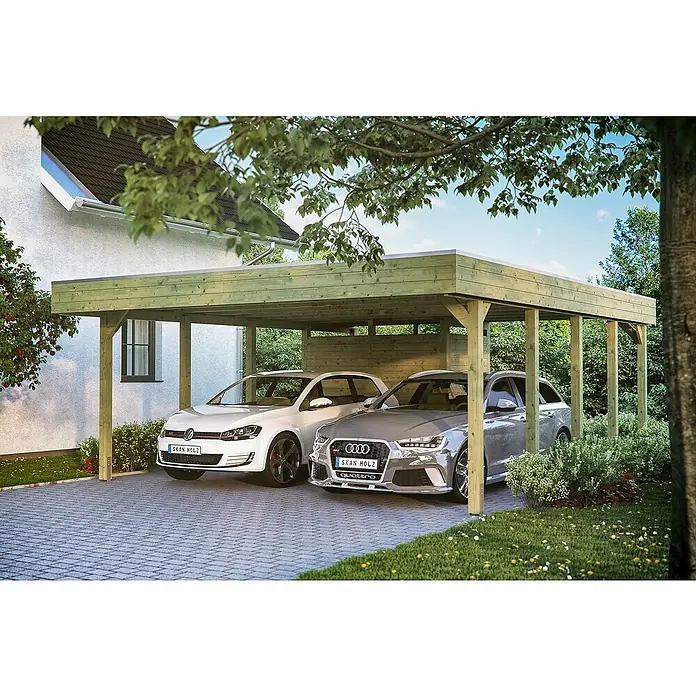Skan Holz Doppelcarport Friesland - B x T: 557 x 708 cm, Einfahrtshöhe: 221 cm, Grün, Mit Abstellraum - Anwendungsbeispiel