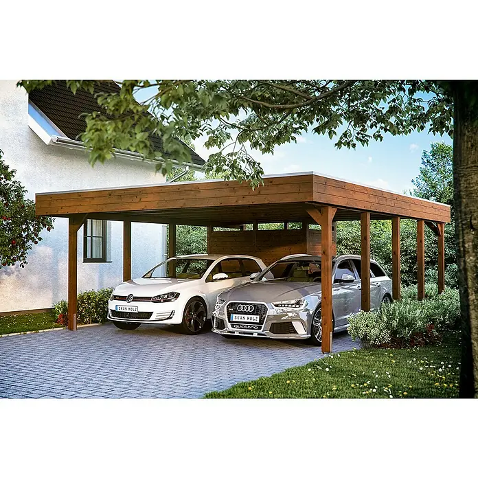 Skan Holz Doppelcarport Friesland - Einfahrtshöhe: 221 cm, Nussbaum, Mit Abstellraum - Anwendungsbeispiel