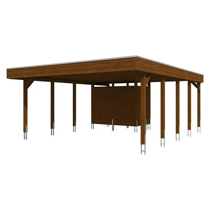 Skan Holz Doppelcarport Friesland - Einfahrtshöhe: 221 cm, Nussbaum, Mit Abstellraum - Diagonale Ansicht