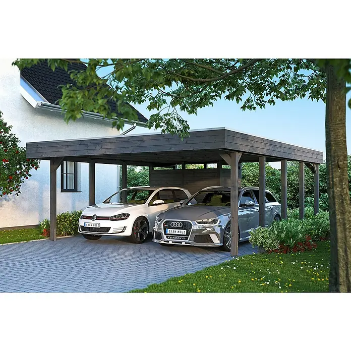 Skan Holz Doppelcarport Friesland - B x T: 557 x 708 cm, Einfahrtshöhe: 221 cm, Schiefergrau, Mit Abstellraum - Anwendungsbeispiel
