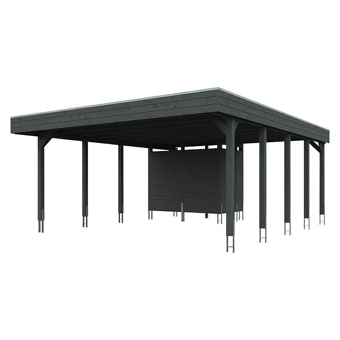 Skan Holz Doppelcarport Friesland - B x T: 557 x 708 cm, Einfahrtshöhe: 221 cm, Schiefergrau, Mit Abstellraum - Diagonale Ansicht
