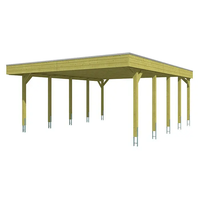 Skan Holz Doppelcarport Friesland - B x T: 557 x 708 cm, Einfahrtshöhe: 221 cm, Grün, Material Dach: Aluminium - Diagonale Ansicht