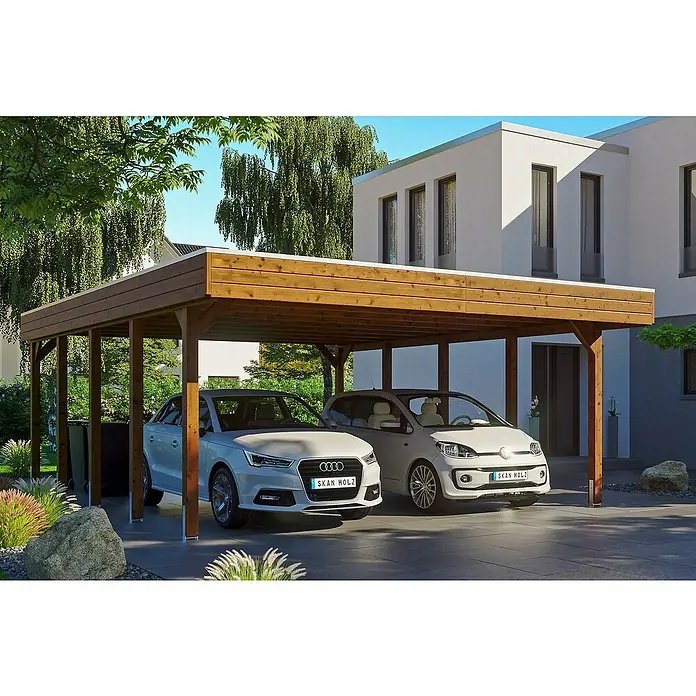 Skan Holz Doppelcarport Friesland - B x T: 557 x 708 cm, Einfahrtshöhe: 221 cm, Nussbaum, Material Dach: Aluminium - Anwendungsbeispiel