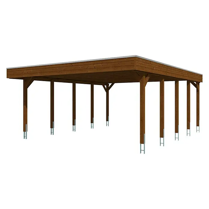 Skan Holz Doppelcarport Friesland - B x T: 557 x 708 cm, Einfahrtshöhe: 221 cm, Nussbaum, Material Dach: Aluminium - Diagonale Ansicht