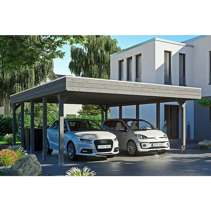 Skan Holz Doppelcarport Friesland - B x T: 557 x 708 cm, Einfahrtshöhe: 221 cm, Schiefergrau, Material Dach: EPDM-Folie - Anwendungsbeispiel