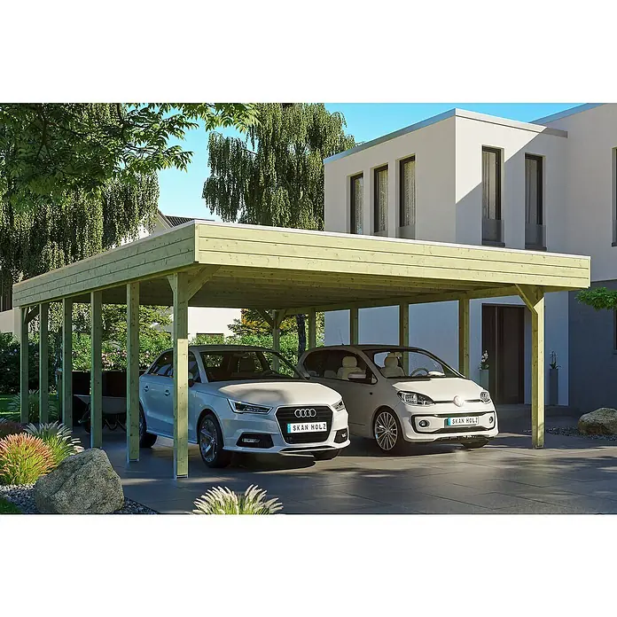 Skan Holz Doppelcarport Friesland - B x T: 557 x 860 cm, Einfahrtshöhe: 221 cm, Grün, Material Dach: Aluminium - Anwendungsbeispiel