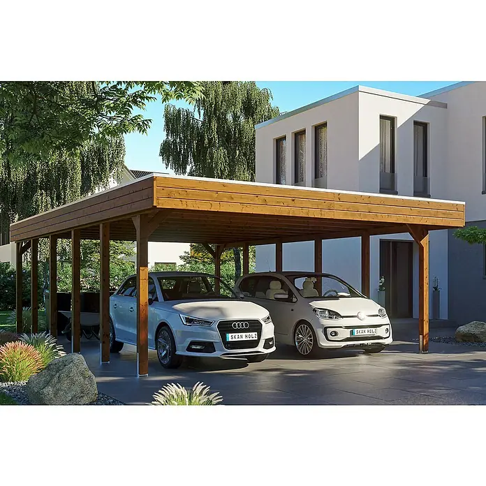 Skan Holz Doppelcarport Friesland - Einfahrtshöhe: 221 cm, Nussbaum, Materialspezifizierung Dach: EPDM-Folie - Anwendungsbeispiel