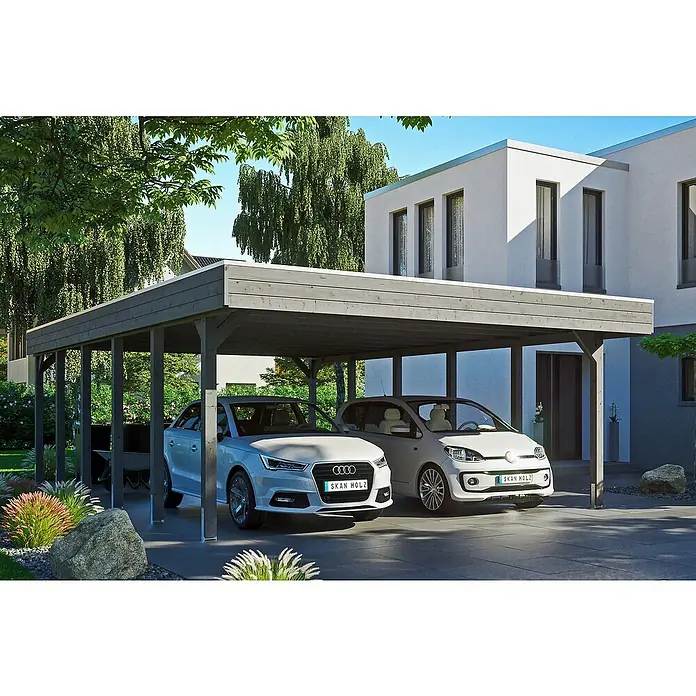 Skan Holz Doppelcarport Friesland - B x T: 557 x 860 cm, Einfahrtshöhe: 221 cm, Schiefergrau, Material Dach: EPDM-Folie - Anwendungsbeispiel