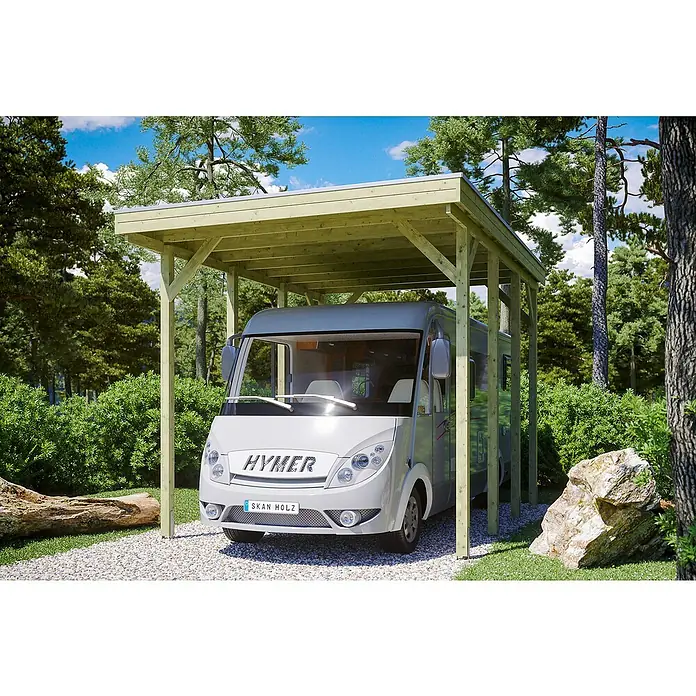 Skan Holz Carport Friesland - B x T: 397 x 555 cm, Einfahrtshöhe: 351 cm, Natur, Geeignet für: Caravans - Anwendungsbeispiel