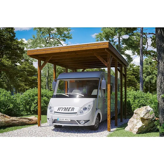 Skan Holz Carport Friesland - B x T: 397 x 555 cm, Einfahrtshöhe: 351 cm, Nussbaum, Geeignet für: Caravans - Anwendungsbeispiel