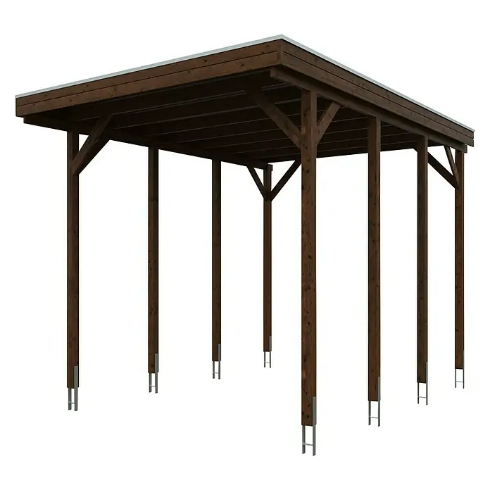 Skan Holz Carport Friesland - B x T: 397 x 555 cm, Einfahrtshöhe: 351 cm, Nussbaum, Geeignet für: Caravans - Diagonale Ansicht