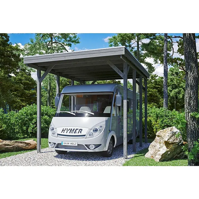 Skan Holz Carport Friesland - B x T: 397 x 555 cm, Einfahrtshöhe: 351 cm, Geeignet für: Caravans, Schiefergrau - Anwendungsbeispiel