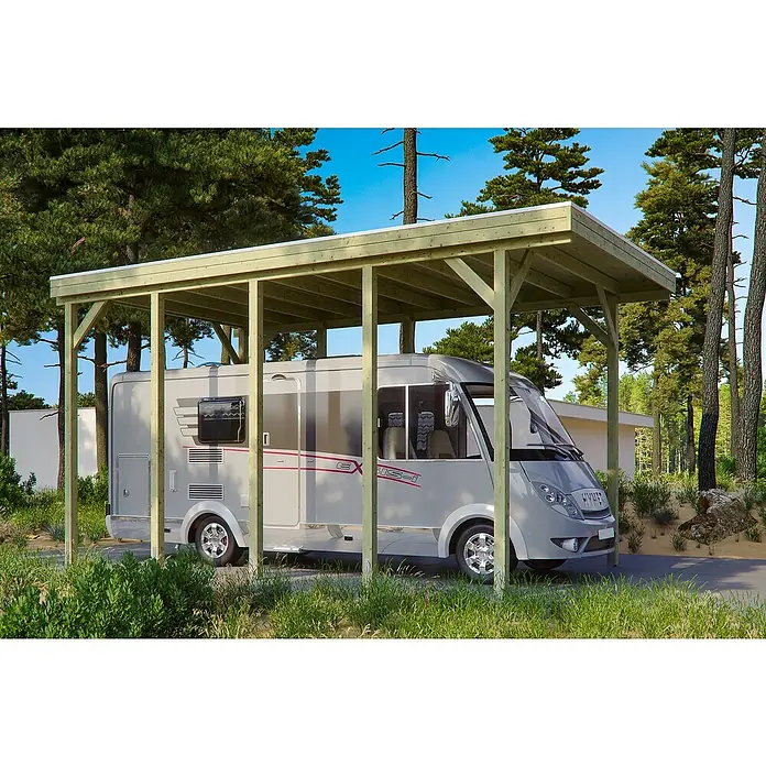 Skan Holz Carport Friesland - B x T: 397 x 708 cm, Einfahrtshöhe: 351 cm, Natur - Anwendungsbeispiel