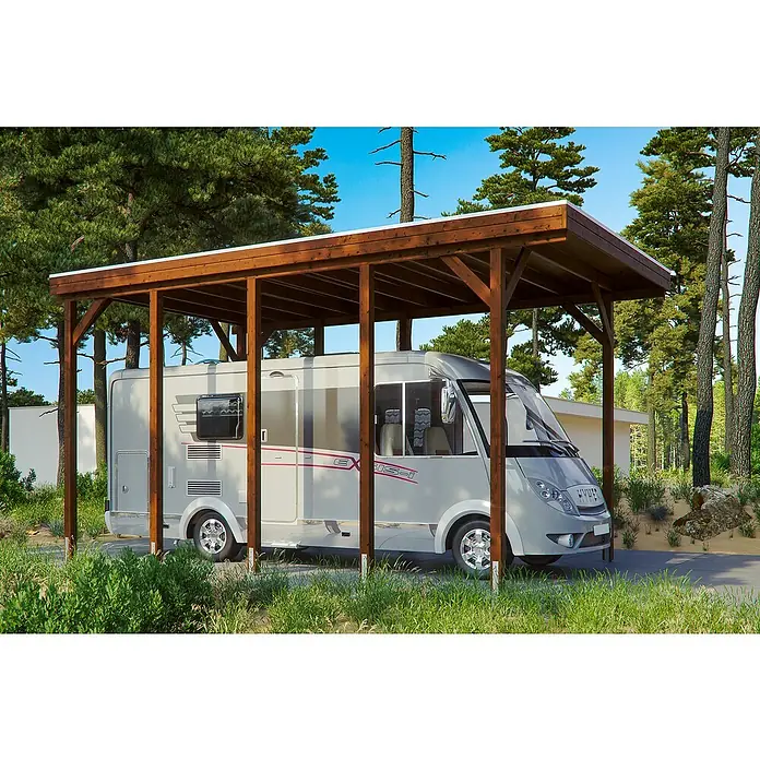 Skan Holz Carport Friesland - B x T: 397 x 708 cm, Einfahrtshöhe: 351 cm, Nussbaum - Anwendungsbeispiel