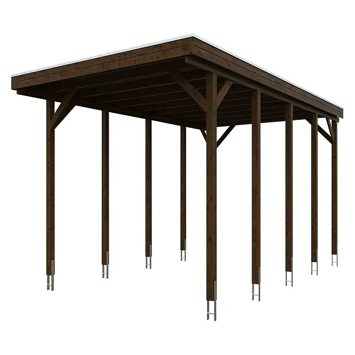 Skan Holz Carport Friesland - B x T: 397 x 708 cm, Einfahrtshöhe: 351 cm, Nussbaum - Diagonale Ansicht