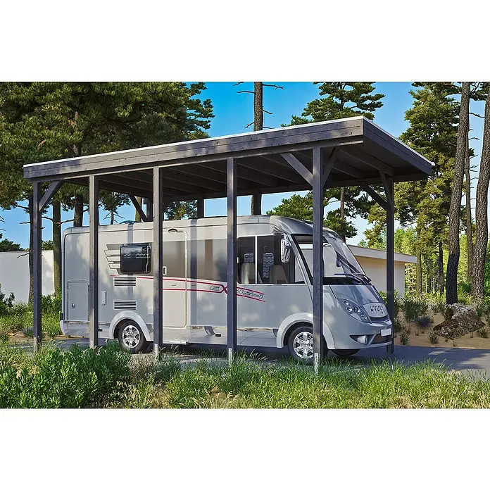 Skan Holz Carport Friesland - B x T: 397 x 708 cm, Einfahrtshöhe: 351 cm, Geeignet für: Caravans, Schiefergrau - Anwendungsbeispiel