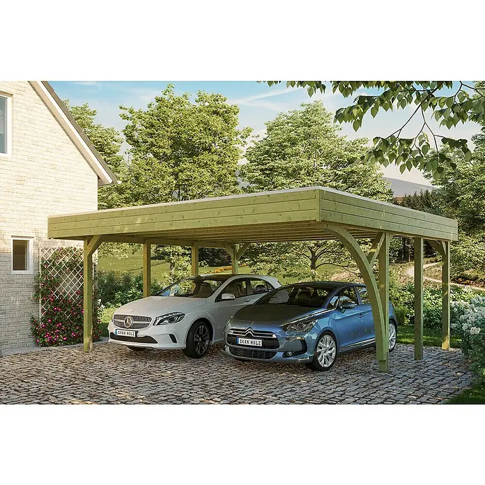 Skan Holz Doppelcarport Friesland - B x T: 557 x 555 cm, Einfahrtshöhe: 212 cm, Grün, Mit 1 Einfahrtsbogen - Anwendungsbeispiel