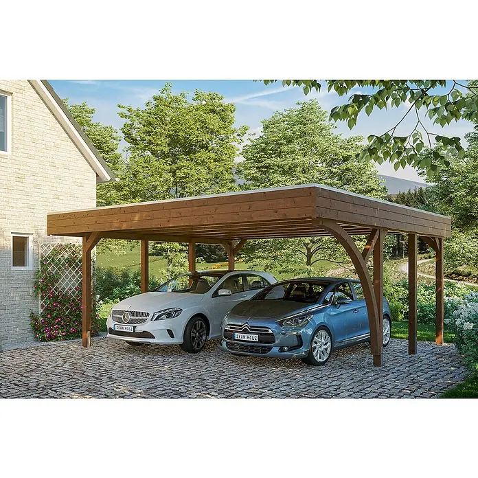 Skan Holz Doppelcarport Friesland - Einfahrtshöhe: 212 cm, Nussbaum, Mit 1 Einfahrtsbogen - Anwendungsbeispiel