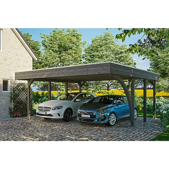 Skan Holz Doppelcarport Friesland - B x T: 557 x 555 cm, Einfahrtshöhe: 212 cm, Schiefergrau, Mit 1 Einfahrtsbogen - Anwendungsbeispiel
