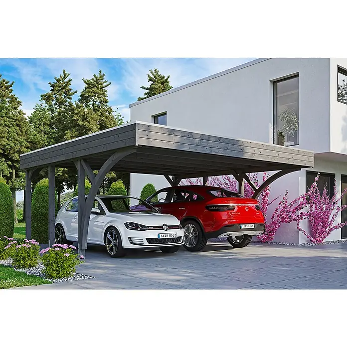Skan Holz Doppelcarport Friesland - B x T: 557 x 555 cm, Einfahrtshöhe: 212 cm, Schiefergrau, Mit 2 Einfahrtsbögen - Anwendungsbeispiel