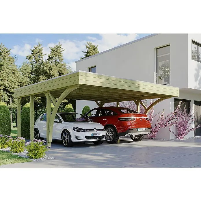 Skan Holz Doppelcarport Friesland - B x T: 557 x 555 cm, Einfahrtshöhe: 212 cm, Grün, Mit 2 Einfahrtsbögen - Anwendungsbeispiel