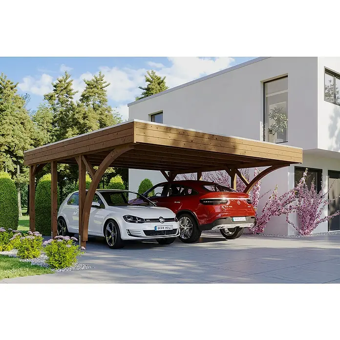 Skan Holz Doppelcarport Friesland - L x B: 555 x 557 cm, Einfahrtshöhe: 212 cm, Nussbaum, Mit 2 Einfahrtsbögen - Anwendungsbeispiel