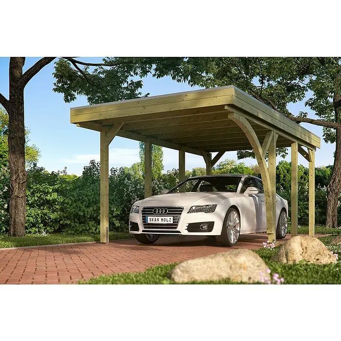 Skan Holz Carport Friesland - B x T: 314 x 555 cm, Einfahrtshöhe: 221 cm, Grün, Mit 1 Einfahrtsbogen - Anwendungsbeispiel