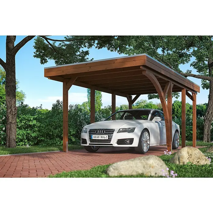 Skan Holz Carport Friesland - L x B: 555 x 314 cm, Einfahrtshöhe: 221 cm, Mit 1 Einfahrtsbogen - Anwendungsbeispiel