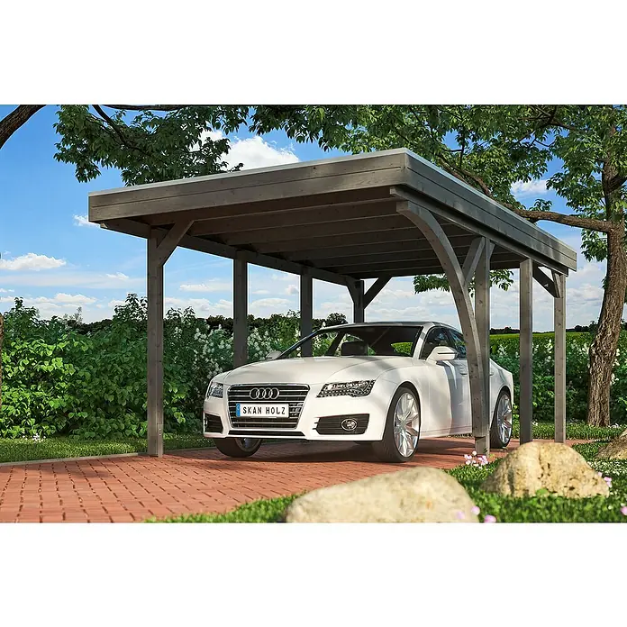 Skan Holz Carport Friesland - B x T: 314 x 555 cm, Einfahrtshöhe: 221 cm, Schiefergrau, Mit 1 Einfahrtsbogen - Anwendungsbeispiel