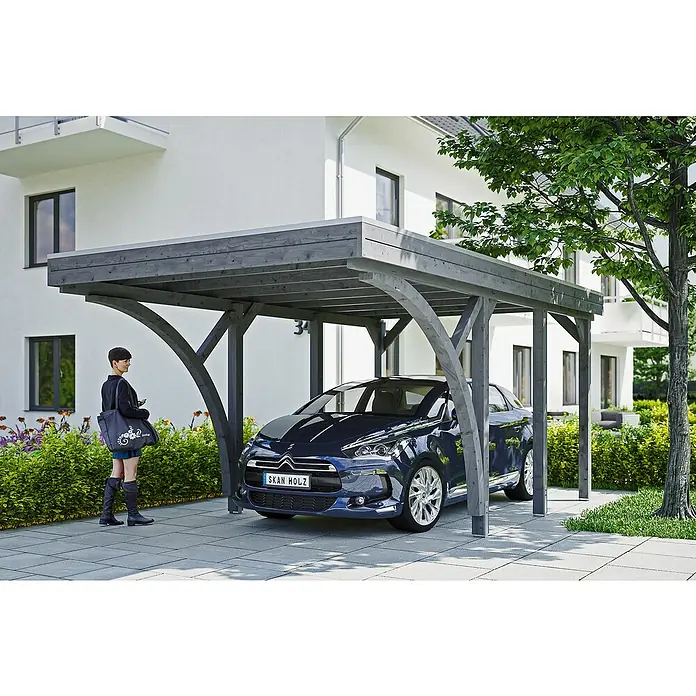 Skan Holz Carport Friesland - B x T: 314 x 555 cm, Einfahrtshöhe: 221 cm, Schiefergrau, Mit 2 Einfahrtsbögen - Stimmungsaufnahme