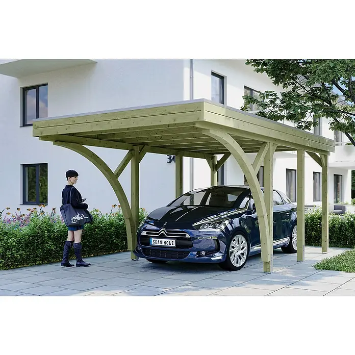 Skan Holz Carport Friesland - B x T: 314 x 555 cm, Einfahrtshöhe: 221 cm, Grün, Mit 2 Einfahrtsbögen - Stimmungsaufnahme