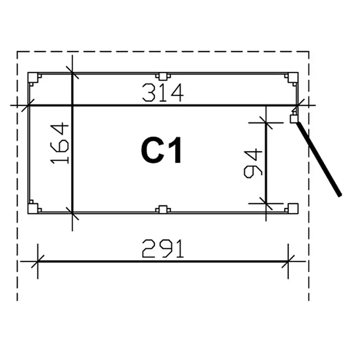 Skan Holz Carport-Abstellraum C1 - Passend für: Skan Holz Carports mit Durchfahrtsbreite bis 291 cm, Nussbaum - Skizze