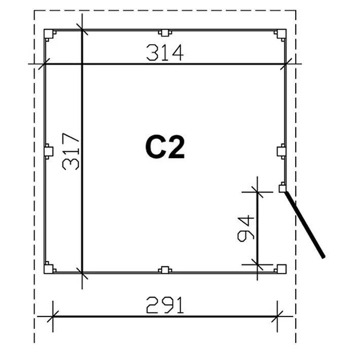 Skan Holz Carport-Abstellraum C2 - Passend für: Skan Holz Carports mit Durchfahrtsbreite bis 291 cm, Grün - Skizze