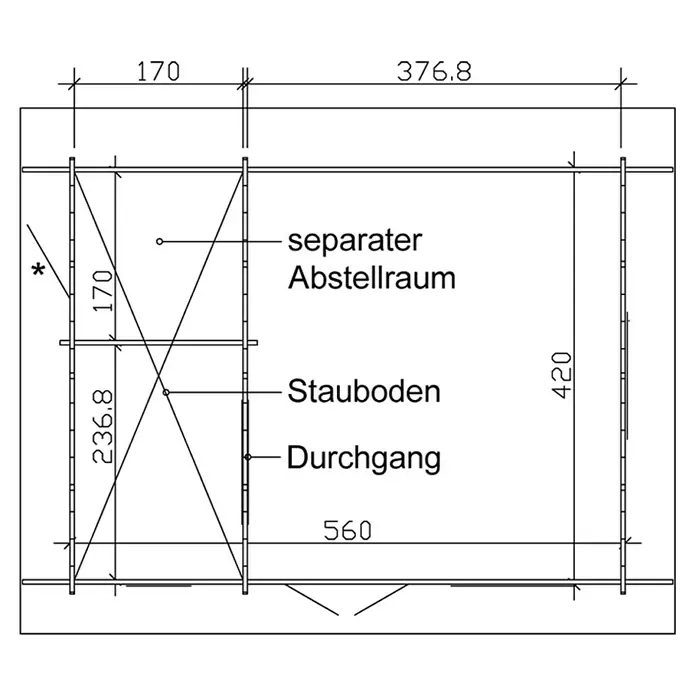 Skan Holz Gartenhaus Esbjerg 2 - B x T: 520 x 660 cm, Holz, 23,52 m², Wandstärke: 45 mm - Skizze